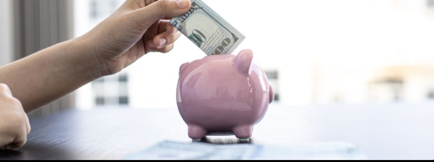 person saving money in a pink piggy bank