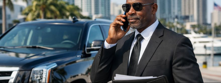 Uber Black driver in Florida checking phone near luxury black SUV, verifying commercial insurance coverage