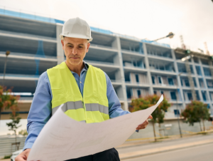 Contractor reviewing blueprints and contract bonds in Florida for construction and public projects