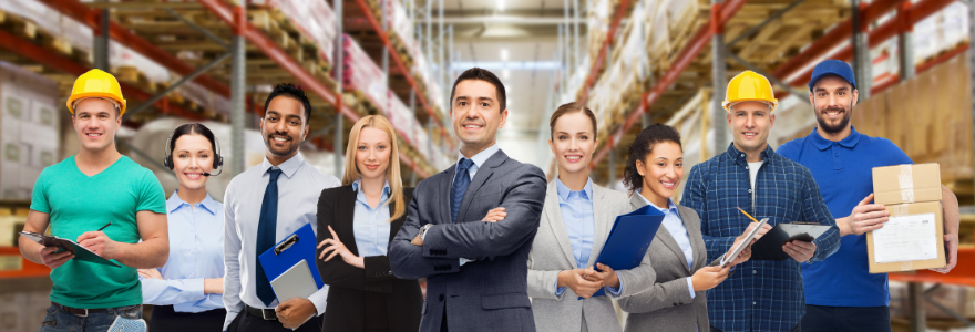 different types of business people in a warehouse- American US Insurance-commercial insurance