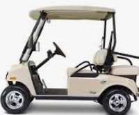 A picture of an empty golf cart being used to promote the sale of golf cart insurance.