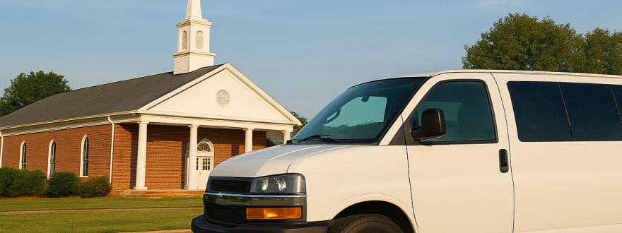 White church van parked outside a Monroe, Georgia church building, representing commercial auto insurance for churches