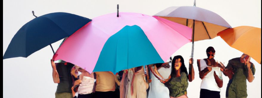 The image features a diverse group of people standing under a colorful, oversized umbrella. The umbrella casts a protective shadow over them, symbolizing the concept of umbrella insurance. The group includes individuals of different ages and backgrou