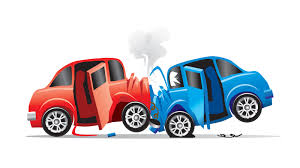 Two cartoon cars depicting a head on crash.