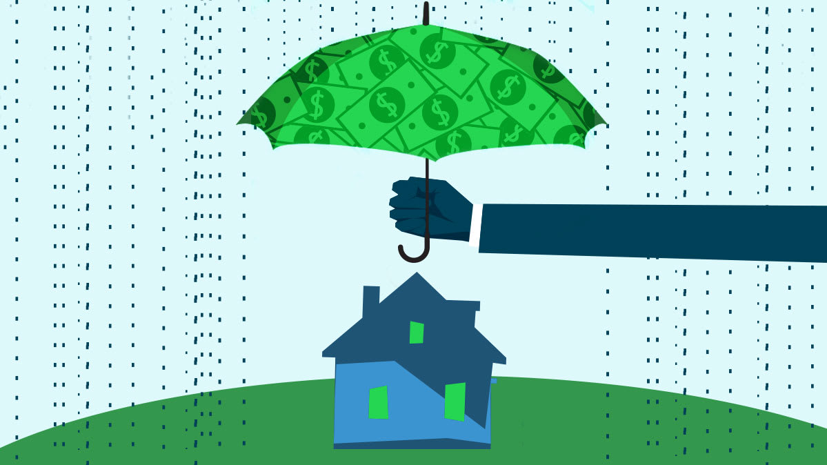 Cartoon depiction of a hand holding an umbrella above a house while it's raining.