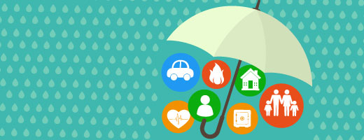 image of an umbrella wiht various images depicting a car, house, fire, family, heart.