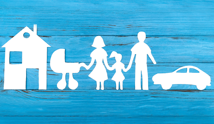 white images on a blue background depicting a house, family and car. 