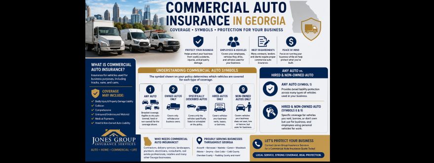Commercial auto insurance in Georgia explaining coverage symbols, Any Auto, hired auto and non-owned auto coverage
