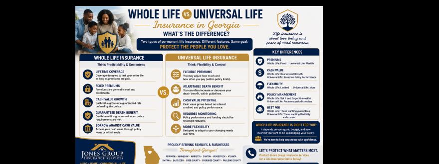 Whole life vs universal life insurance in Georgia comparing premiums, cash value, guarantees and policy flexibility