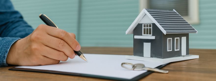 A hand holding a pen over a clipboard beside a small model house and house keys, with a teal home in the background. Represents reviewing homeowners insurance policies.
