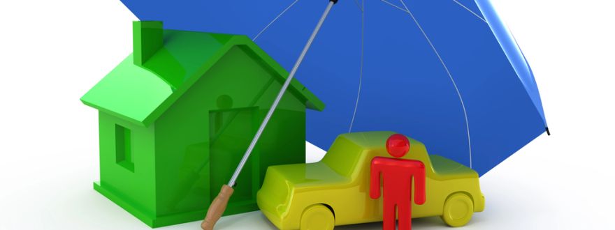 Umbrella insurance concept showing umbrella protecting house and car from risk and liability
