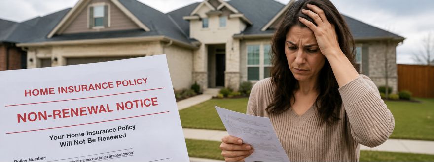 Homeowner holding a home insurance non-renewal notice outside her house in Texas