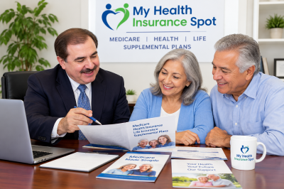 Insurance advisor explaining health and Medicare coverage options to a couple at My Health Insurance Spot.
