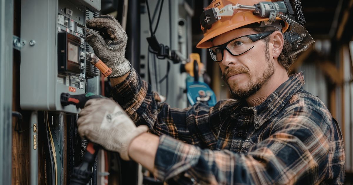 An Electrician with Electrician insurance, working on a fuse box
