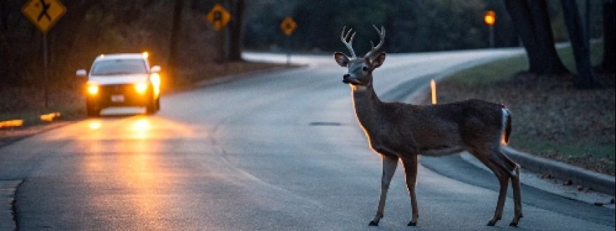At dusk, a deer crosses a winding road in front of a car—an example that asks: does insurance cover deer hitting cars like this?