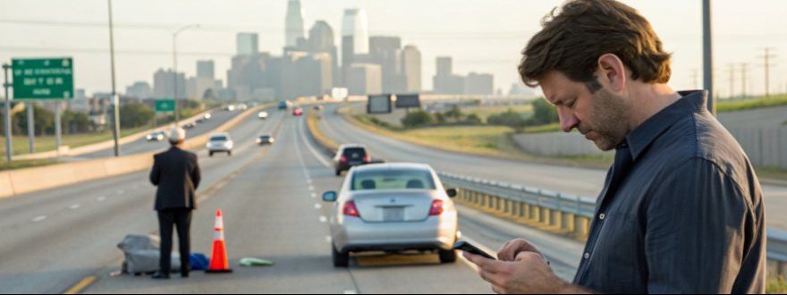 Texas highway accident scene with man reporting incident by phone as others examine cars involved in minor collision.