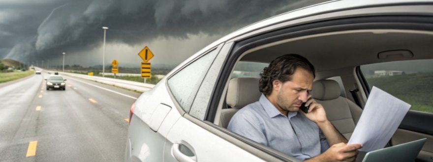 Driver sitting in car on stormy Texas highway, reviewing insurance bill while on phone illustrating why car insurance rates are going up.