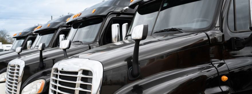 A row of shiny black commercial trucks parked side by side under a cloudy sky.