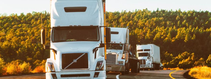 A convoy of white commercial trucks driving on a road surrounded by lush green forest during sunset.