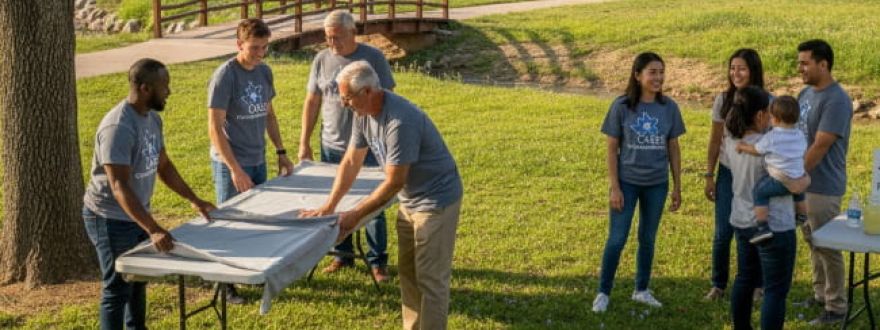 Diverse group of nonprofit volunteers working together in a Texas community park for a fundraising event, showing teamwork and positive energy.