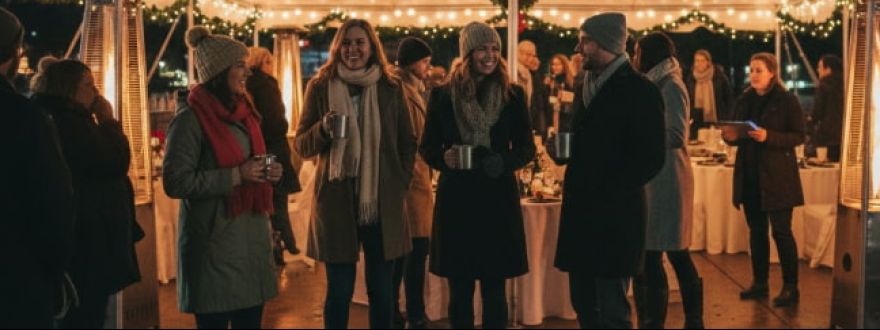 Outdoor Texas winter holiday event with guests and organizers preparing for a festive celebration, showcasing the need for holiday event insurance.