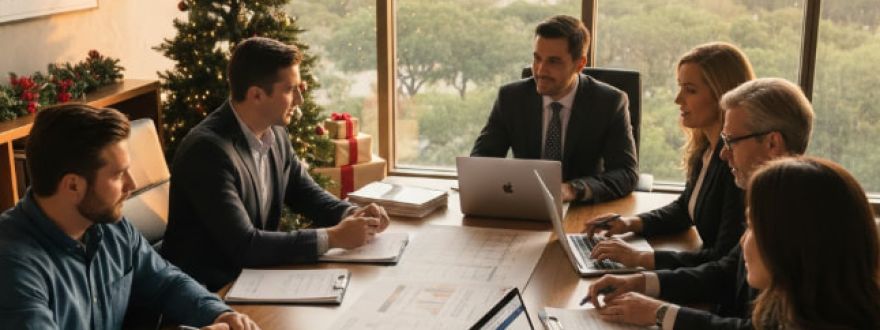 Texas business owners and managers reviewing their insurance policies for the year-end, ensuring coverage matches their business needs for the new year.