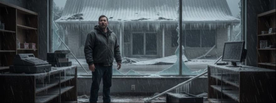 Texas business owner inspecting winter storm damage, including frozen pipes and roof debris, highlighting the need for commercial property insurance.