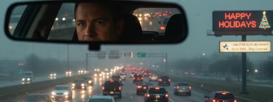 Texas holiday road trip with drivers navigating through traffic and fog, emphasizing the importance of holiday auto insurance for safety and protection.