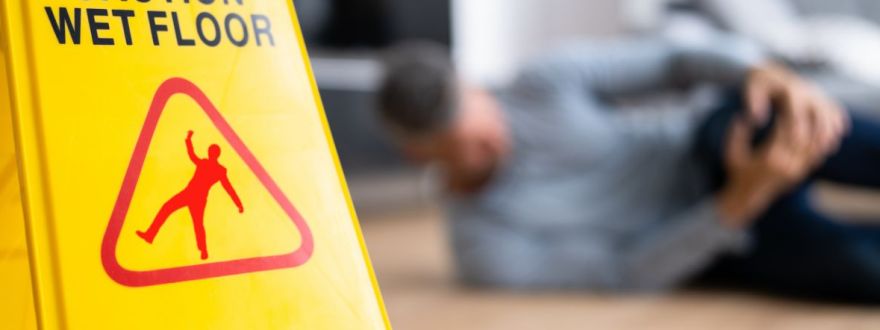 Customer slipping on a wet floor inside a business, illustrating a common General Liability Insurance claim.
