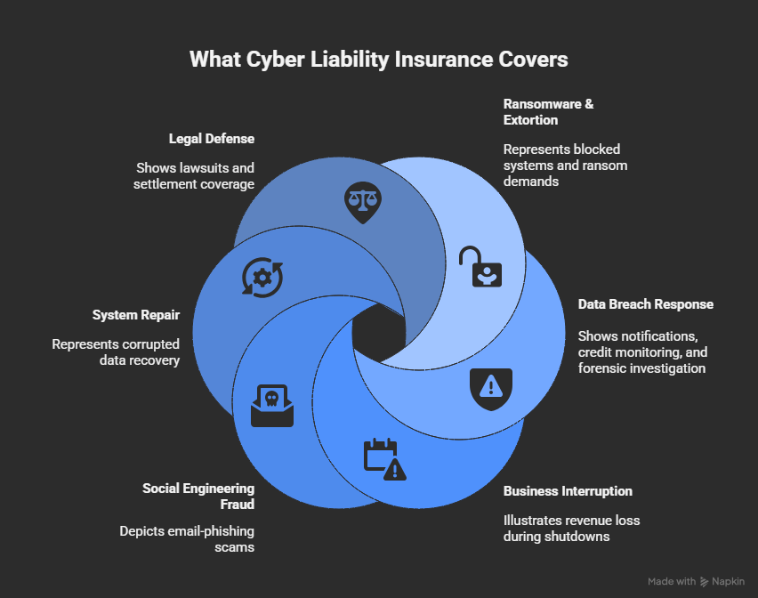 Infographic showing what cyber liability insurance covers, including ransomware, data breach response, business interruption, social engineering fraud, system repair, and legal defense.