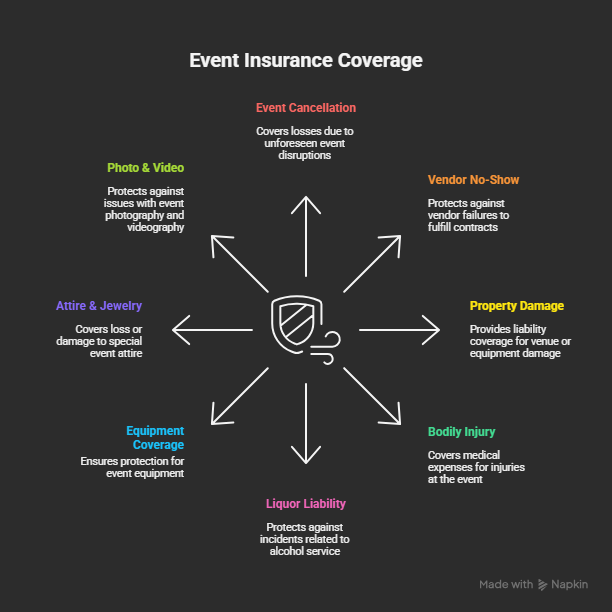 Infographic showing key protections included in wedding and special event insurance.