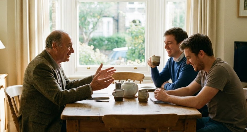 A friendly insurance agent assisting a brothers in a comfortable home setting, illustrating the easy and stress-free process of obtaining a home insurance quote in Dallas.