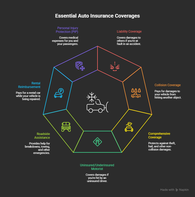 Infographic showing essential auto insurance coverages for holiday travel, including liability, collision, comprehensive, UM/UIM, roadside assistance, rental reimbursement, and personal injury protection.
