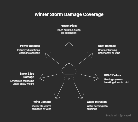 Infographic illustrating types of winter storm damage covered by commercial property insurance, including frozen pipes, roof damage, HVAC failure, flooding, wind damage, snow accumulation, and power outages.