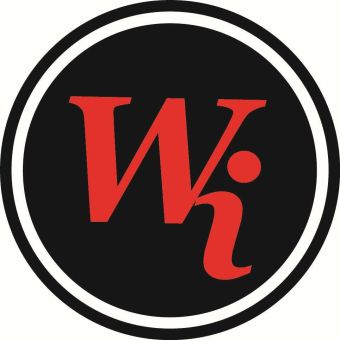 Black circular logo with white rings. Inside, stylized red