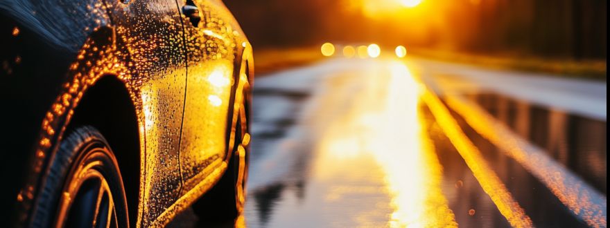 Insured Car On Wet Pavement Driving Into Sunrise